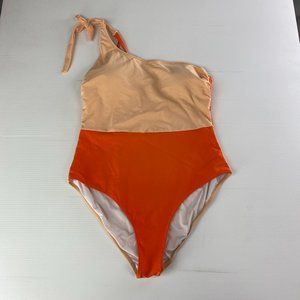 Orange Beige One Shoulder Swimsuit Small Colorblock